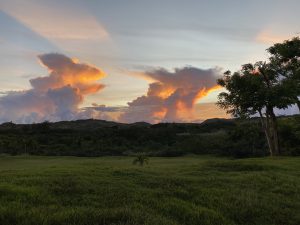 Green field with trees to the right. Hills in the background with clouds and sunlight.