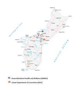 Map of Guam with a blue star on the map indicating where the Guam Behavioral Health and Wellness (GBWHC) site is and an orange star showing where the Guam Department of Corrections (DOC) site is. The blue star is North of the orange star. The Blue star is along the Tumon Bay.